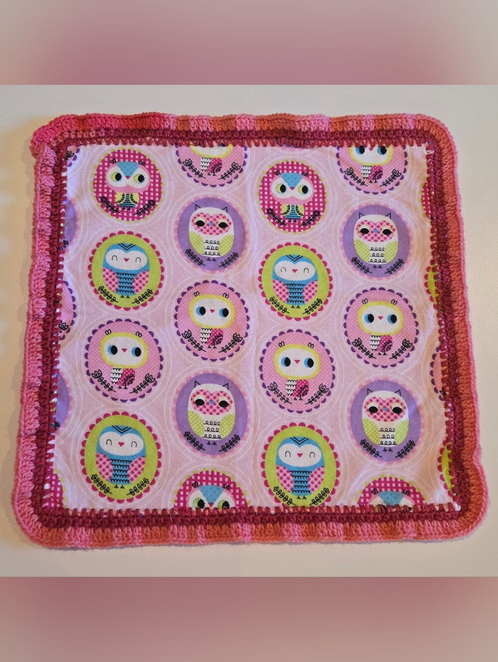 Pink Owl Print Flannel Lovey with Crochet Edge